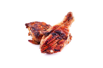 grilled golden chicken legs on a white background,isolated chicken kebab close-up