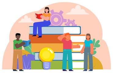 Education, self education concept. People stand near stack of big books. Poster for social media, banner, presentation, web page. Flat design vector illustration