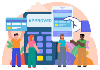 POS terminal payment, mobile phone transaction. People stand near big POS terminal, smartphone. Poster for social media, web page, banner, presentation. Flat design vector illustration