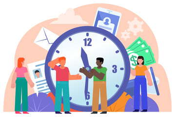 Time management, work planning, daily schedule concept. People stand near big watches. Poster for web page, banner, social media, presentation. Flat design vector illustration