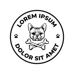 Pointillism drawn portrait french bulldog dog head with cross bone circle badge logo template