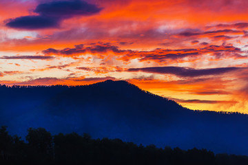 Sunset over mountains. Katun River, Gorny Altai, Siberia, Russia