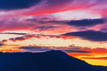 Sunset over mountains. Katun River, Gorny Altai, Siberia, Russia
