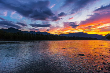 Sunset over the river. Katun River, Gorny Altai, Siberia, Russia