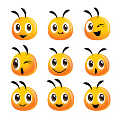 Cartoon cute bee head mascot emoji set - vector icon set