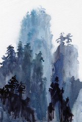abstract mountain and trees in blue tone watercolor painting