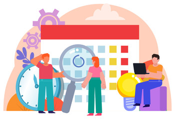 Time management, business planning, tasks manager. People stand near big calendar. Poster for web page, presentation, social media, banner. Flat design vector illustration