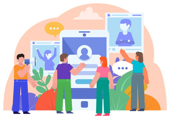 People stand near big smartphone, activity in chat, social apps. Poster for social media, web page, banner, presentation. Flat design vector illustration