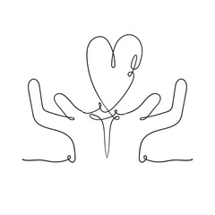 Heart in hand illustration with continuous line drawing doodle handdrawn style vector