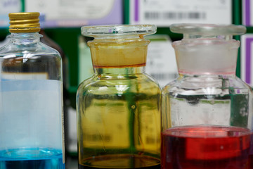 Antiseptics on the shelf in operating room.