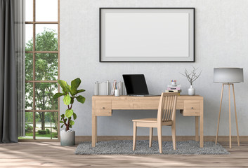 3D render interior living room workspace with laptop computer and mockup blank poster