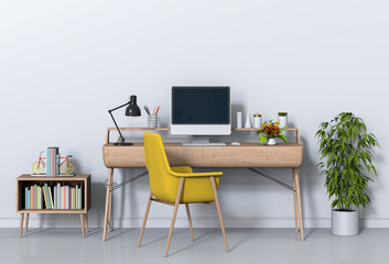 Fototapeta premium 3D render of interior modern living room workspace with desk and desktop computer