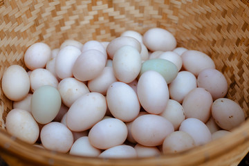 Group of eggs in a basket.Fresh Brown duck's eggs in wooden bowl.