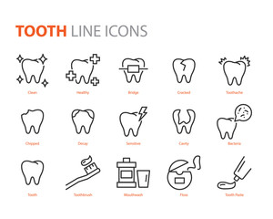 set of tooth icons, such as dentist, clean, protect, treat, oral