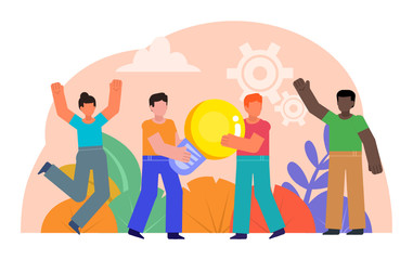 New working idea, startup concept. People walking with big idea bulb. Flat design vector illustration