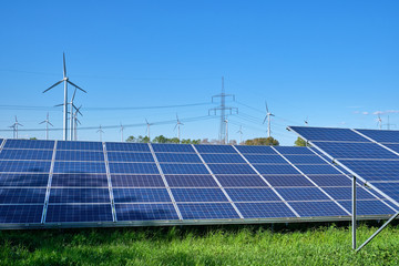 Solar panels, wind turbines and electricity pylons seen in Germany