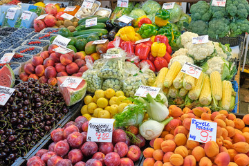 Fruits and vegetables for sale at a market in Wroclaw, Poland