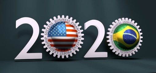 Business relative words on the mechanism of gears. Communication concept in industrial design. USA and Brazil business cooperation. 3D rendering. 2020 year number
