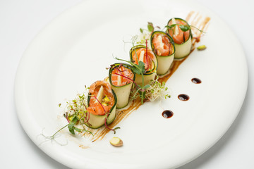 vegetable appetizer with salmon and cheese