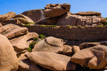 Granite pink boulders near Plumanach. The coast of Pink Granite is a unique place in Brittany. France