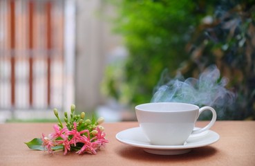 a cup of hot drink with smoke on wood table. garden background.