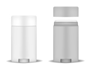 Antiperspirant deodorant stick, mockup. Open and closed container, realistic vector mock-up