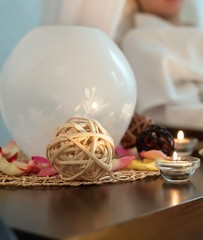 Close-up image of decor table in spa salon