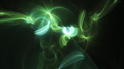Abstract transparent green crystal shapes. Fantasy light background. Digital fractal art. 3d rendering.