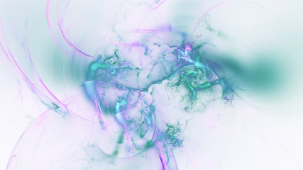 Abstract transparent green and violet smoky shapes. Fantasy light background. Digital fractal art. 3d rendering.