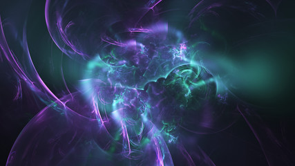 Abstract transparent green and violet smoky shapes. Fantasy light background. Digital fractal art. 3d rendering.