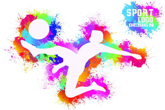 Sports icon. Football logo design. Soccer player kick the goal. Colorful paint drops ink splashes. Equipment, Exercise, Symbol, Silhouette, Background. Vector illustration.