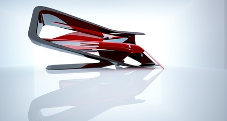 Abstract smooth architectural red and black gloss interior of a minimalist house with large windows. 3D illustration and rendering.