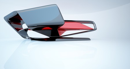 Abstract smooth architectural red and black gloss interior of a minimalist house with large windows. 3D illustration and rendering.