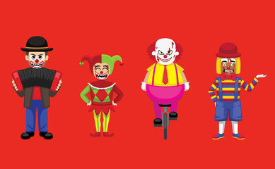 Creepy Clown Character Cartoon Vector Illustration Set 2