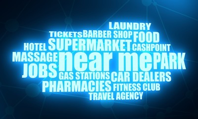 Mobile gadgets technology relative image. Words cloud associated with the expression Near Me. Neon bulb illumination. 3D rendering