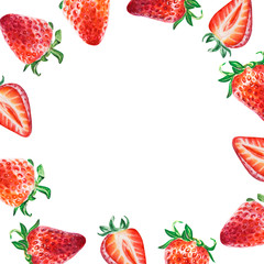 Watercolor red juicy strawberry frame. Food background, painted bright composition. Hand drawn food illustration. Fruit print. Summer sweet fruits and berries.