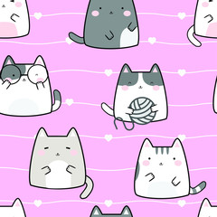 Seamless Pattern Kawaii Cute Cats, Cartoon Animals Background, Vector Illustration