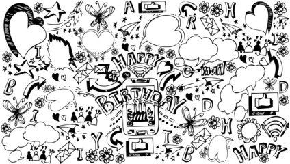 Line drawing of Happy Birthday, Flower, Heart, Mobile Phone, Cake, Email, Greeting, Butterfly. Black and white. Concepts of communication technology. Vector illustration.