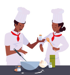 woman and man chef cooking