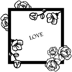 Romantic handwritten lettering love with rose wreath frame blooms. Vector