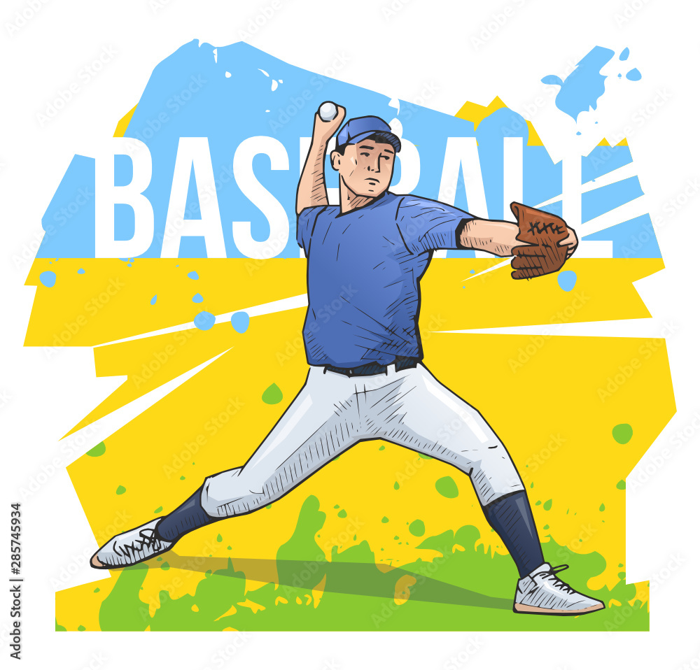 Wall mural Vector illustration of baseball pitcher throwing the ball. Baseball sport themed poster on abstract background