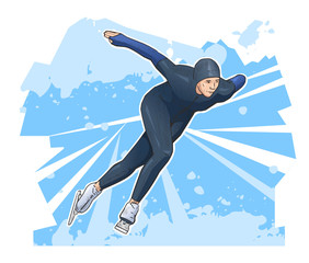 Vector illustration of speed skater skating on ice. Ice speed skating winter poster on abstract background © paper_owl