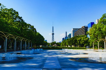 Landscape of Nagoya TV tower in the background of summer blue sky in Aichi Japan