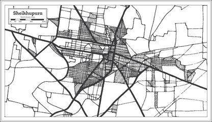 Sheikhupura Pakistan City Map in Black and White Color.