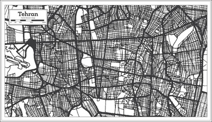 Tehran Iran City Map in Black and White Color. Outline Map.