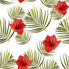 Palm tree. Hibiscus seamless pattern. Flower summer