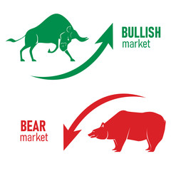 Bullish and Bearish symbols on stock market vector illustration. The symbol of the bear and the bull. The growing and falling market. Vector.