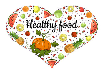 Healthy food in the form of a heart. Set of vegetables and fruits: pumpkin, tomato, watermelon, pineapple, apple, orange, strawberries, blueberries.