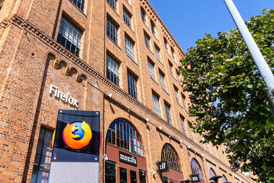 August 21, 2019 San Francisco / CA / USA - Mozilla office building, displaying the Firefox logo and symbol and the stylized company name ( moz://a ); Mozilla is a free software community