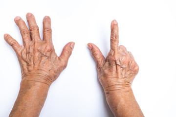 Senior woman's hands counting 7 isolated on white background, Numbers 1-10 in sign language concept